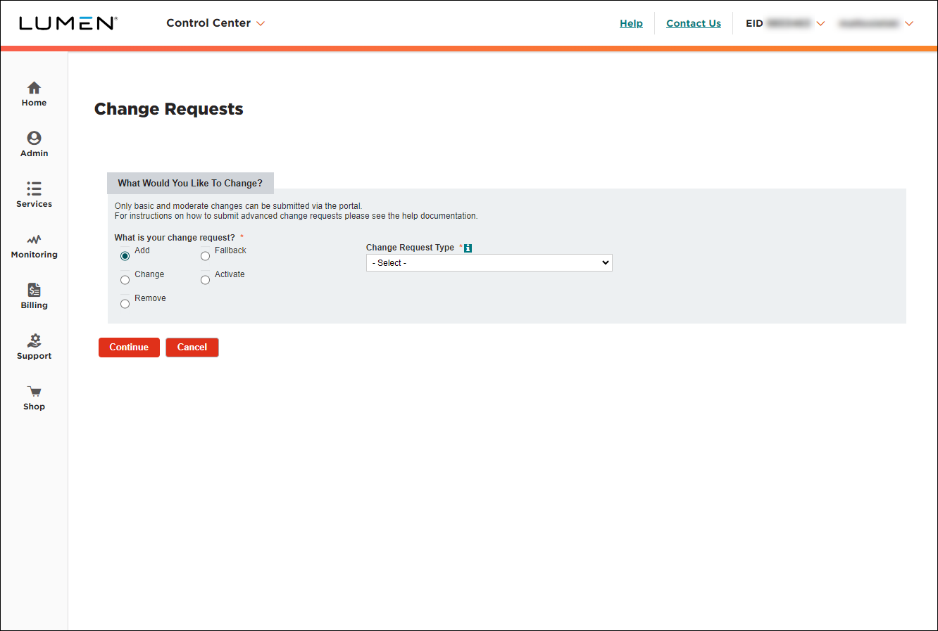 Change Requests (showing options for Managed Network Services)