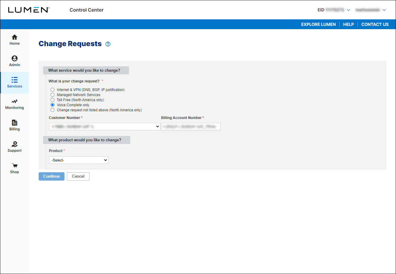 Change Requests (New Change Request for Voice Complete with customer number and billing account selected)