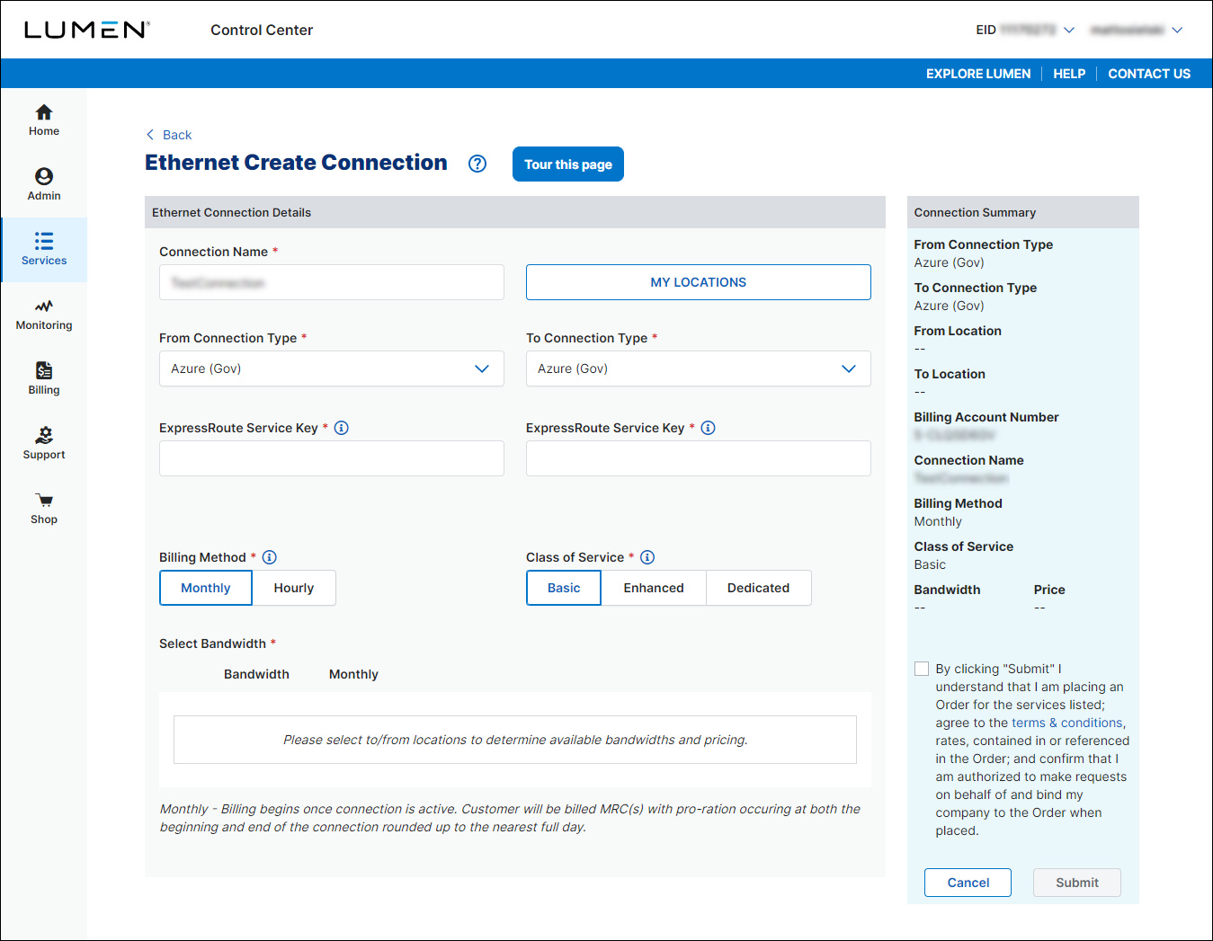 Ethernet Create Connection (showing a connection from Azure Gov to Azure Gov)