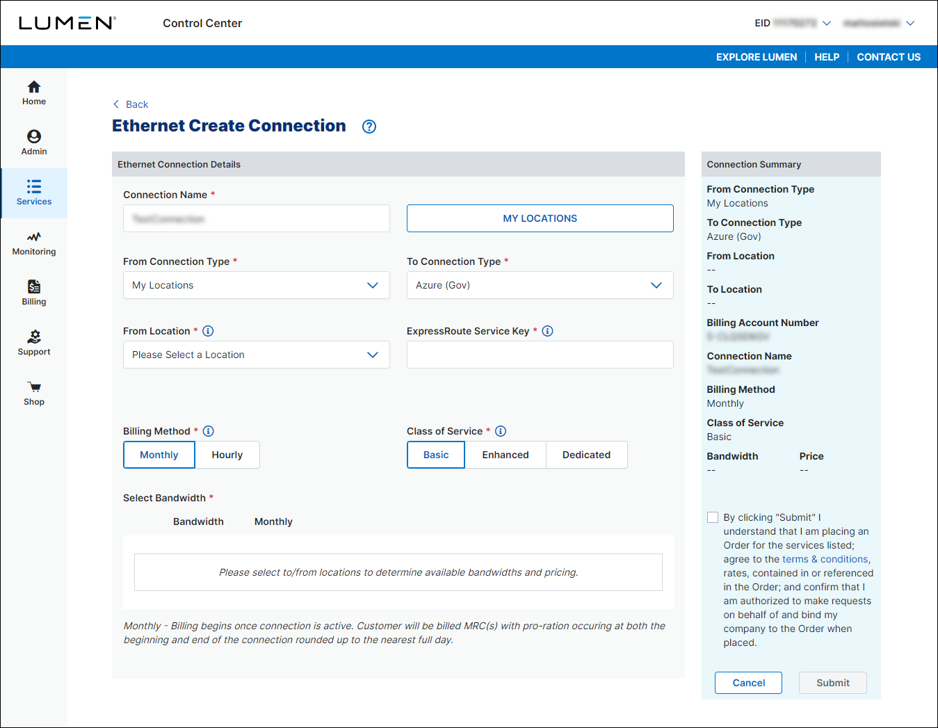 Ethernet Create Connection (showing a connection to Azure Gov)
