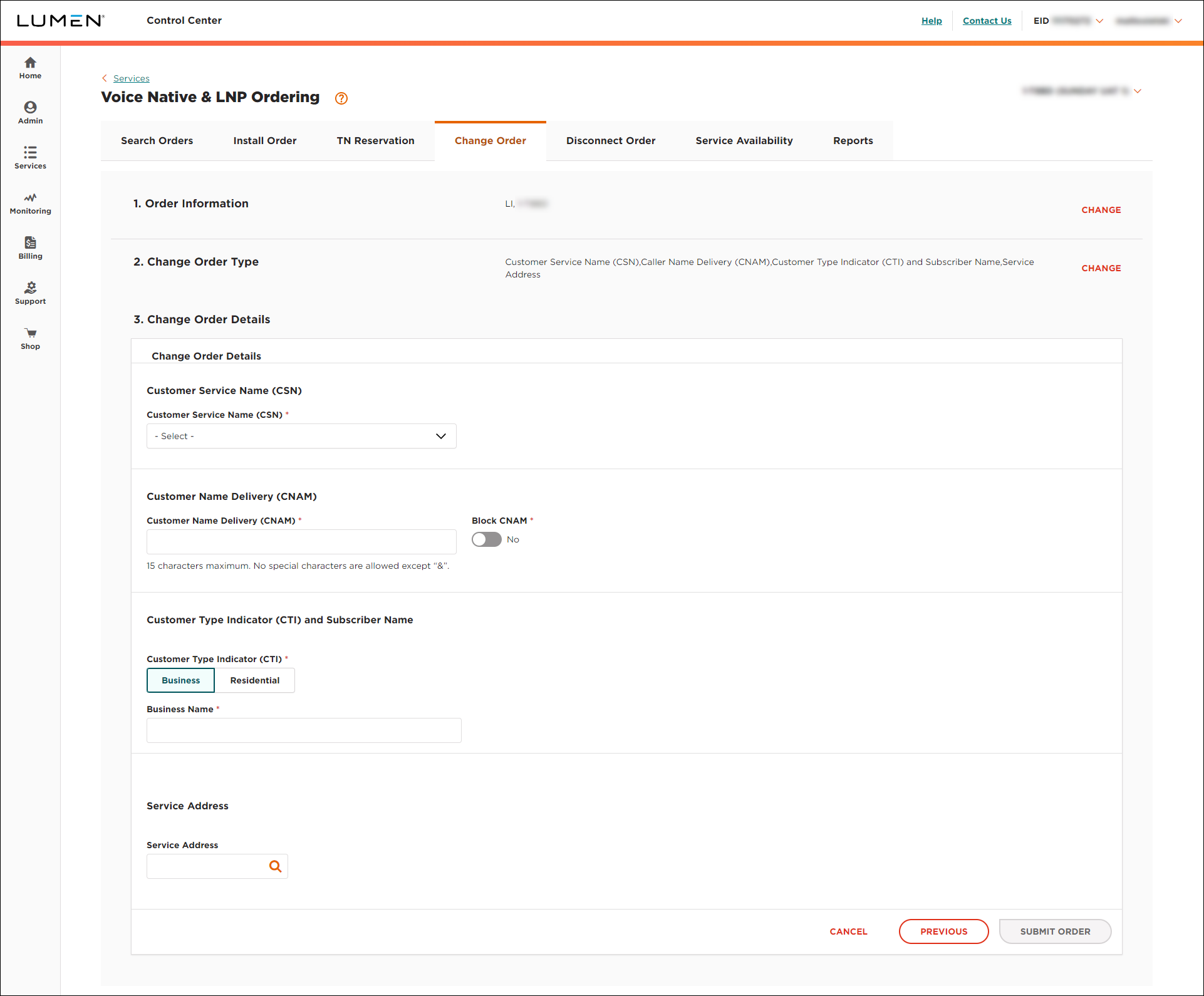 ELS & LI Management (showing Change Order tab and Change Order Details section for LI)