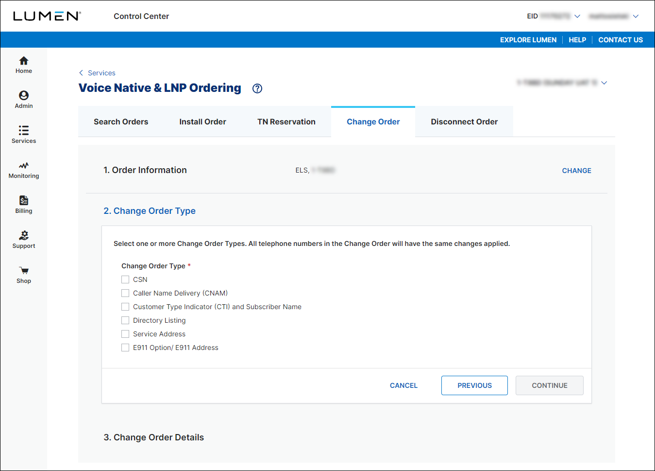 Voice Native & LNP Ordering (showing Change Order tab and Change Order Type section for ELS)