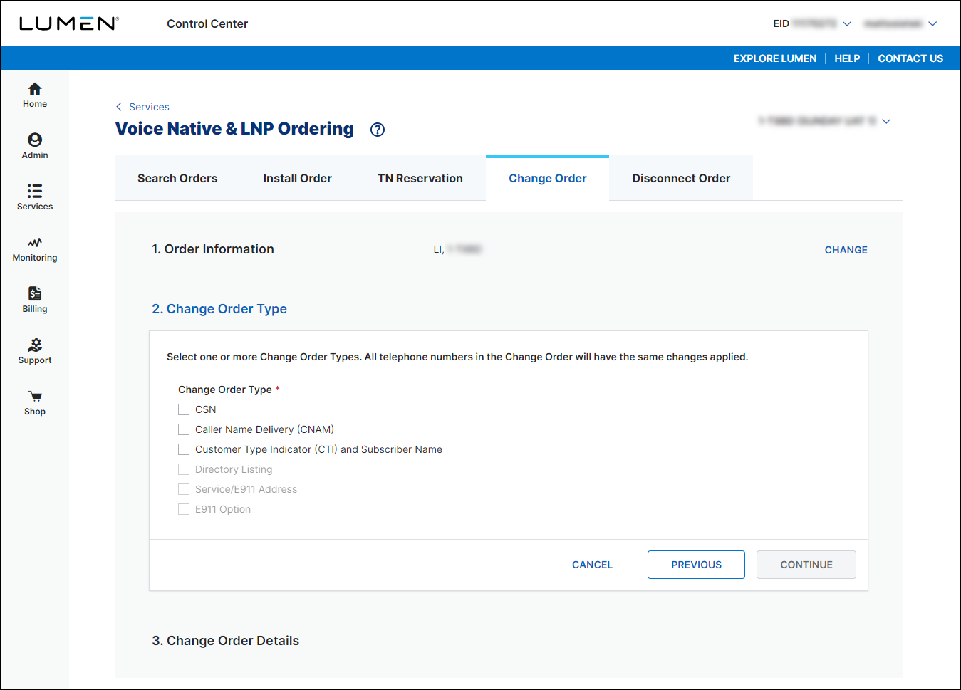 Voice Native & LNP Ordering (showing Change Order tab and Change Order Type section for LI)