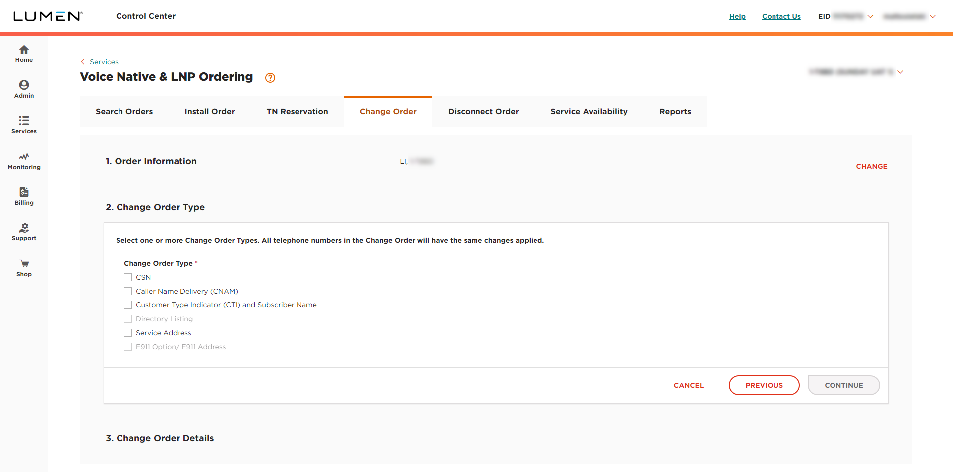 ELS & LI Management (showing Change Order tab and Change Order Type section for LI)