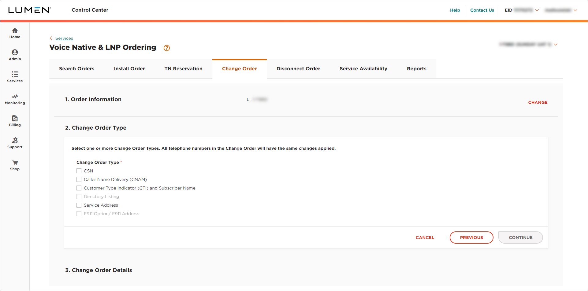 Voice Native & LNP Ordering (showing Change Order tab and Change Order Type section for LI)