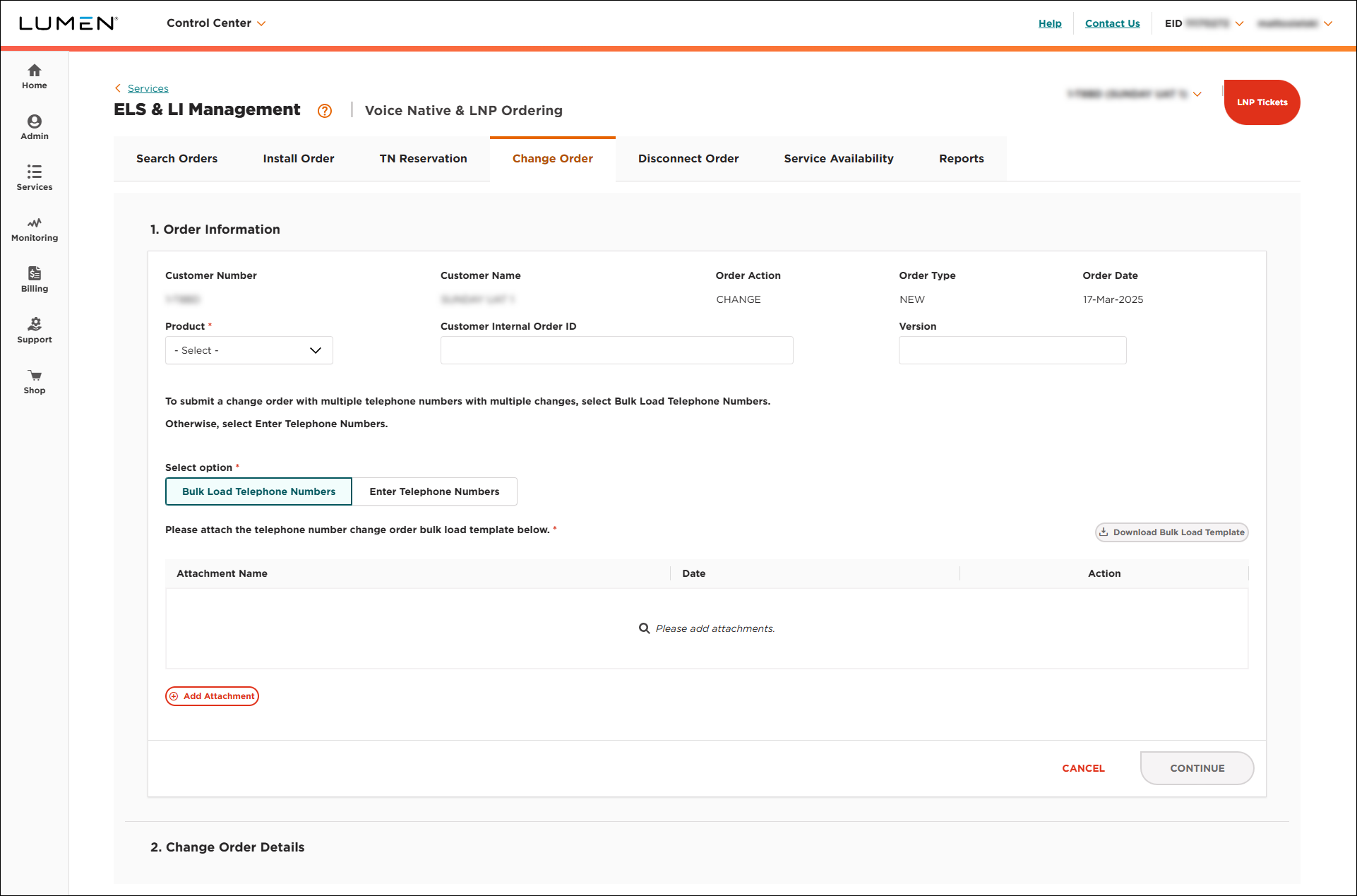 ELS & LI Management (showing Change Order tab)
