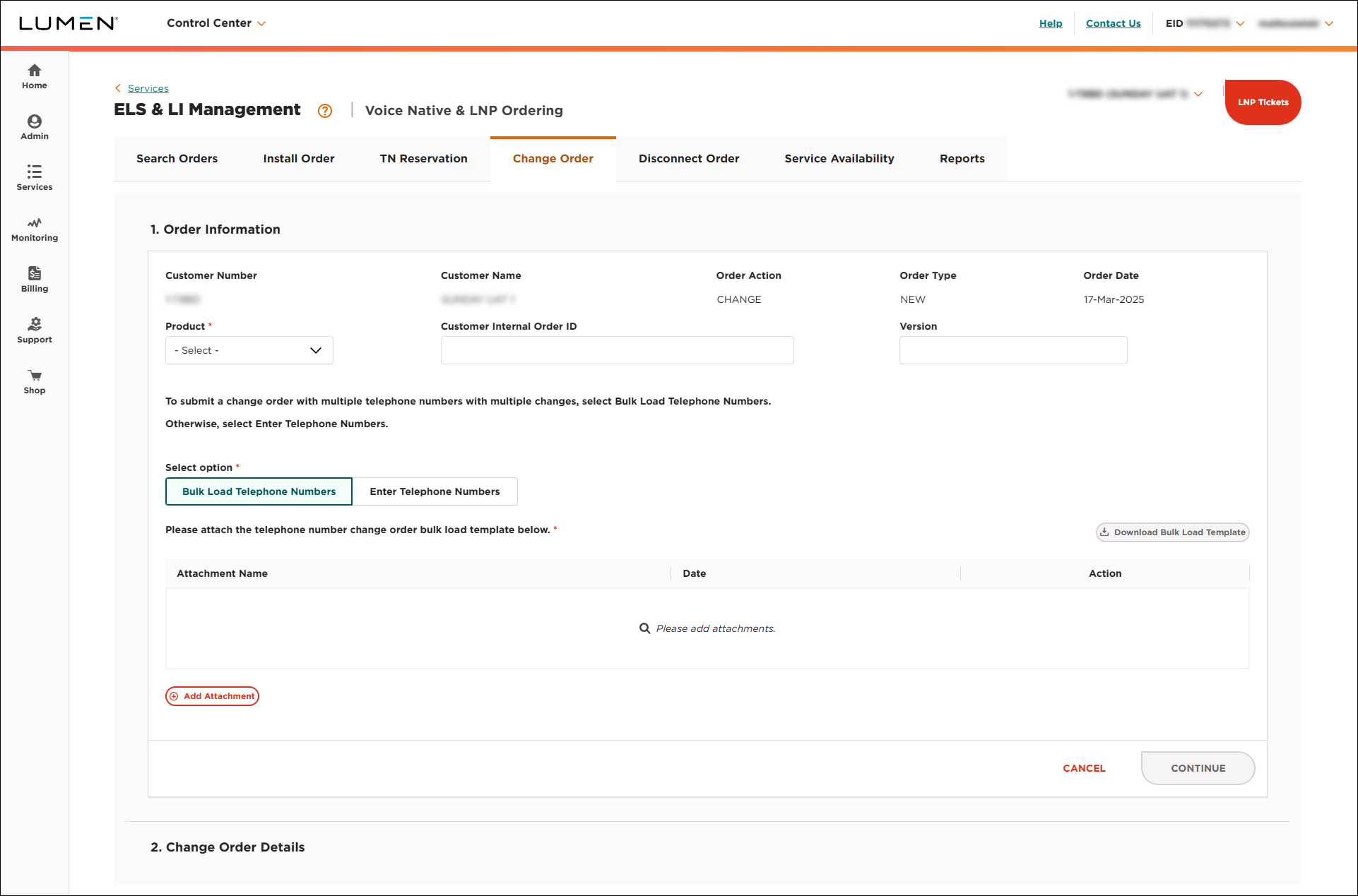 Voice Native & LNP Ordering (showing Change Order tab)