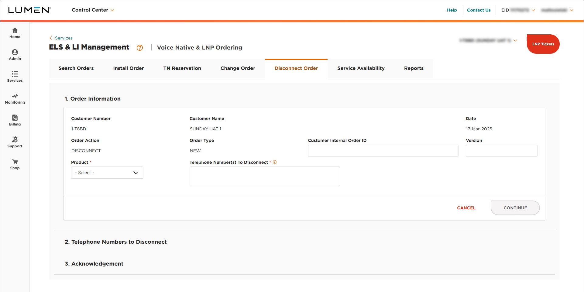 ELS & LI Management (showing Disconnect Order tab)
