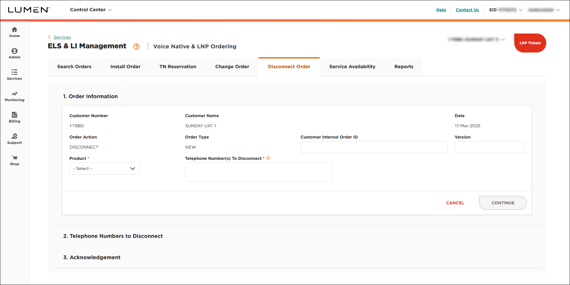 Voice Native & LNP Ordering (showing Disconnect Order tab)