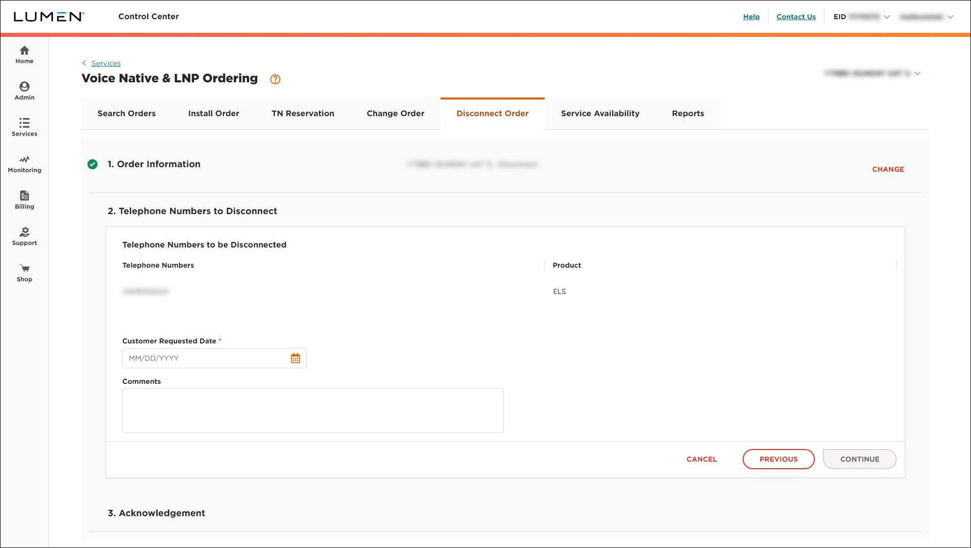 ELS & LI Management (showing Disconnect Order tab and Telephone Numbers to Disconnect section for ELS)