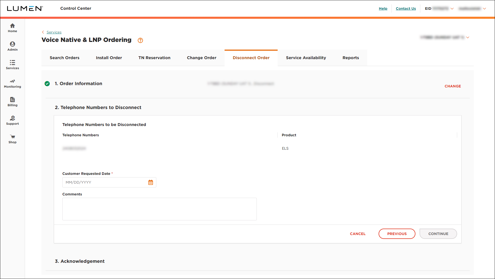 Voice Native & LNP Ordering (showing Disconnect Order tab and Telephone Numbers to Disconnect section for ELS)