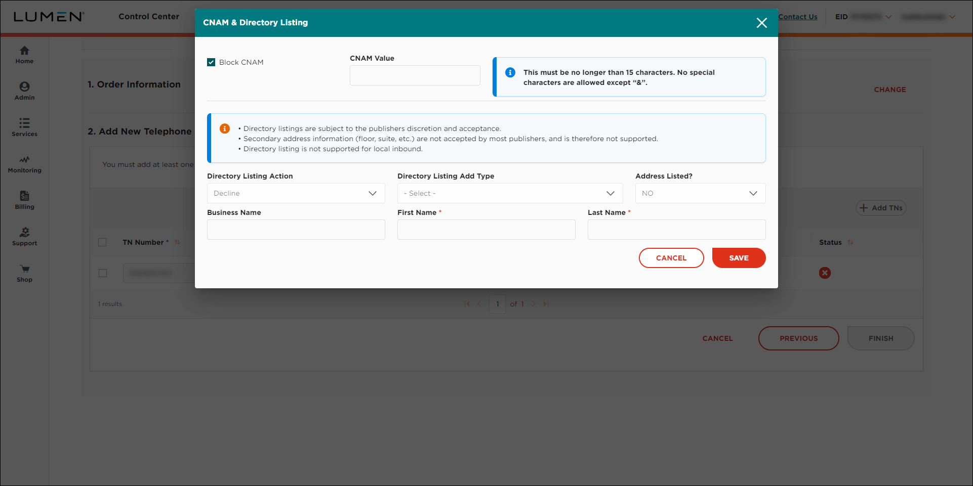 Voice Native & LNP Ordering (showing CNAM & Directory Listings window)