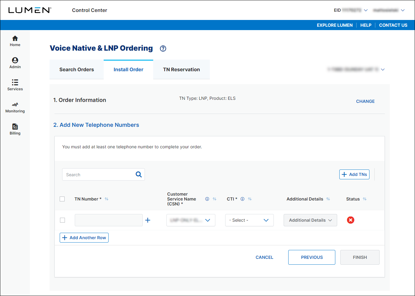 Voice Native & LNP Ordering (showing Install Order tab and Add New Telephone Numbers section for LNP ELS)