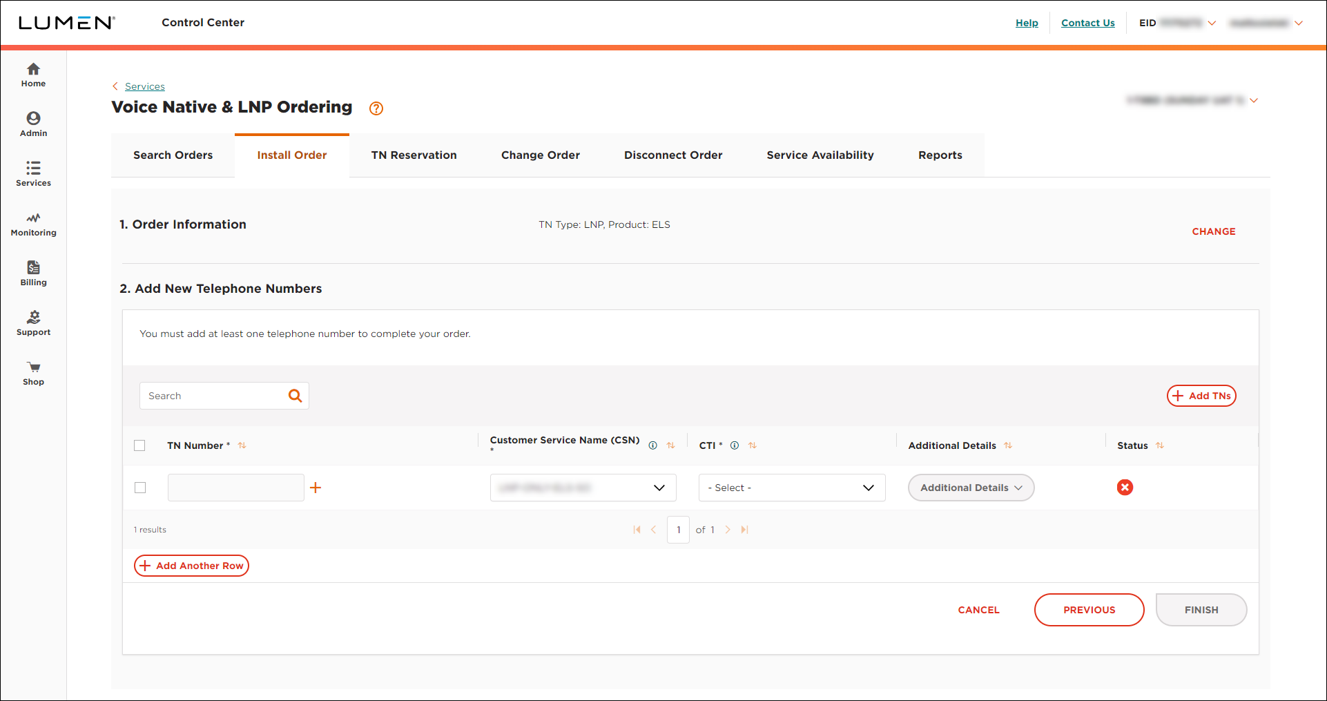 Voice Native & LNP Ordering (showing Install Order tab and Add New Telephone Numbers section for LNP ELS)