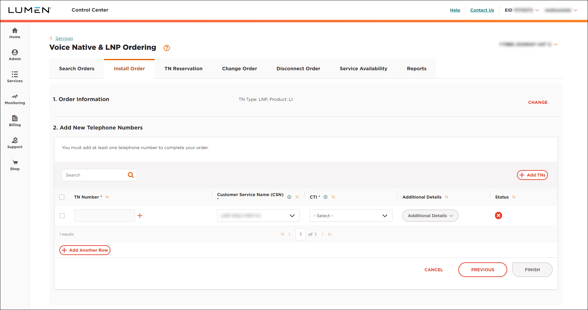 ELS & LI Management (showing Install Order tab and Add New Telephone Numbers section for LNP LI)