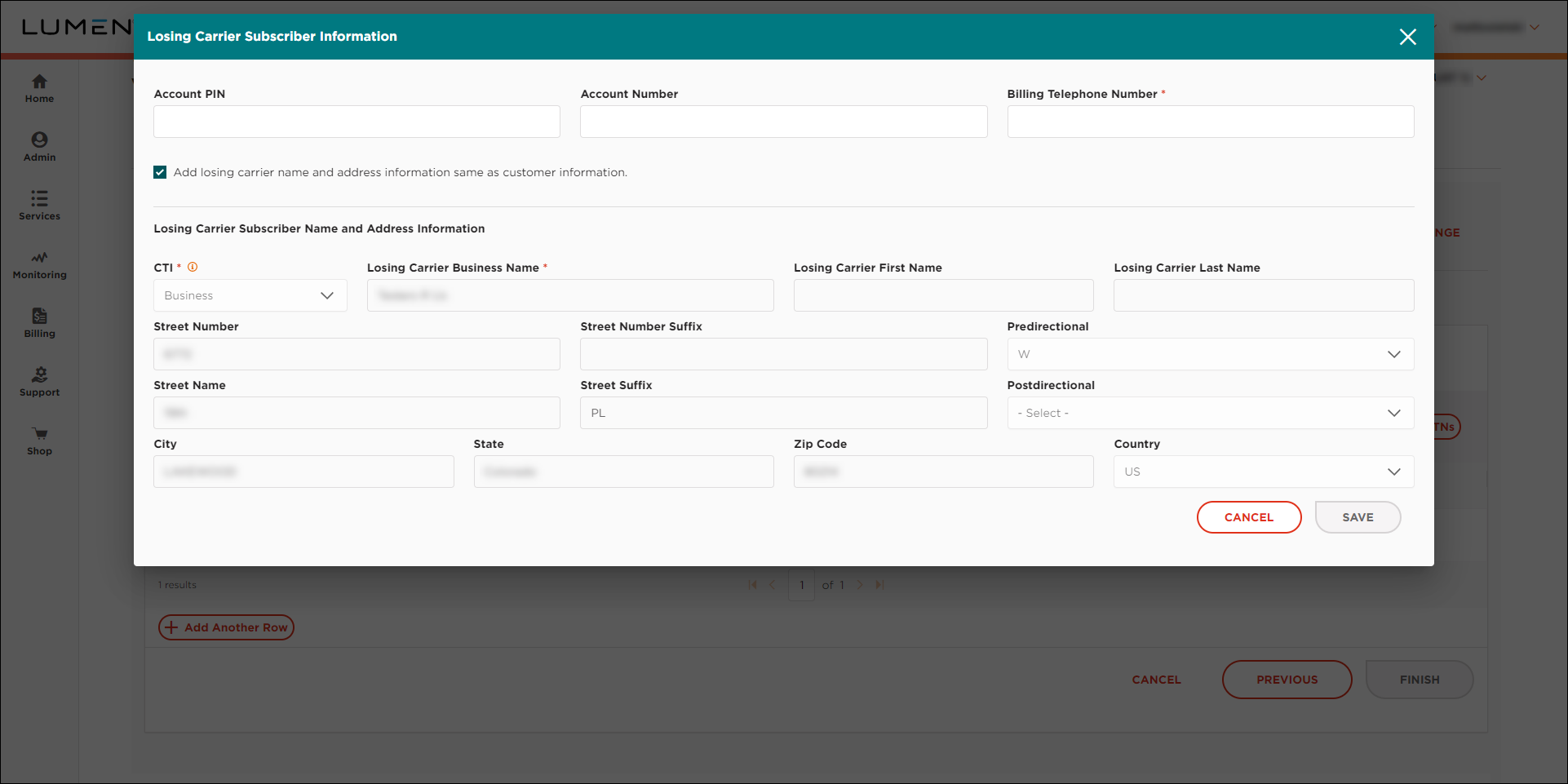ELS & LI Managment (showing Losing Carrier Subscriber Information window)