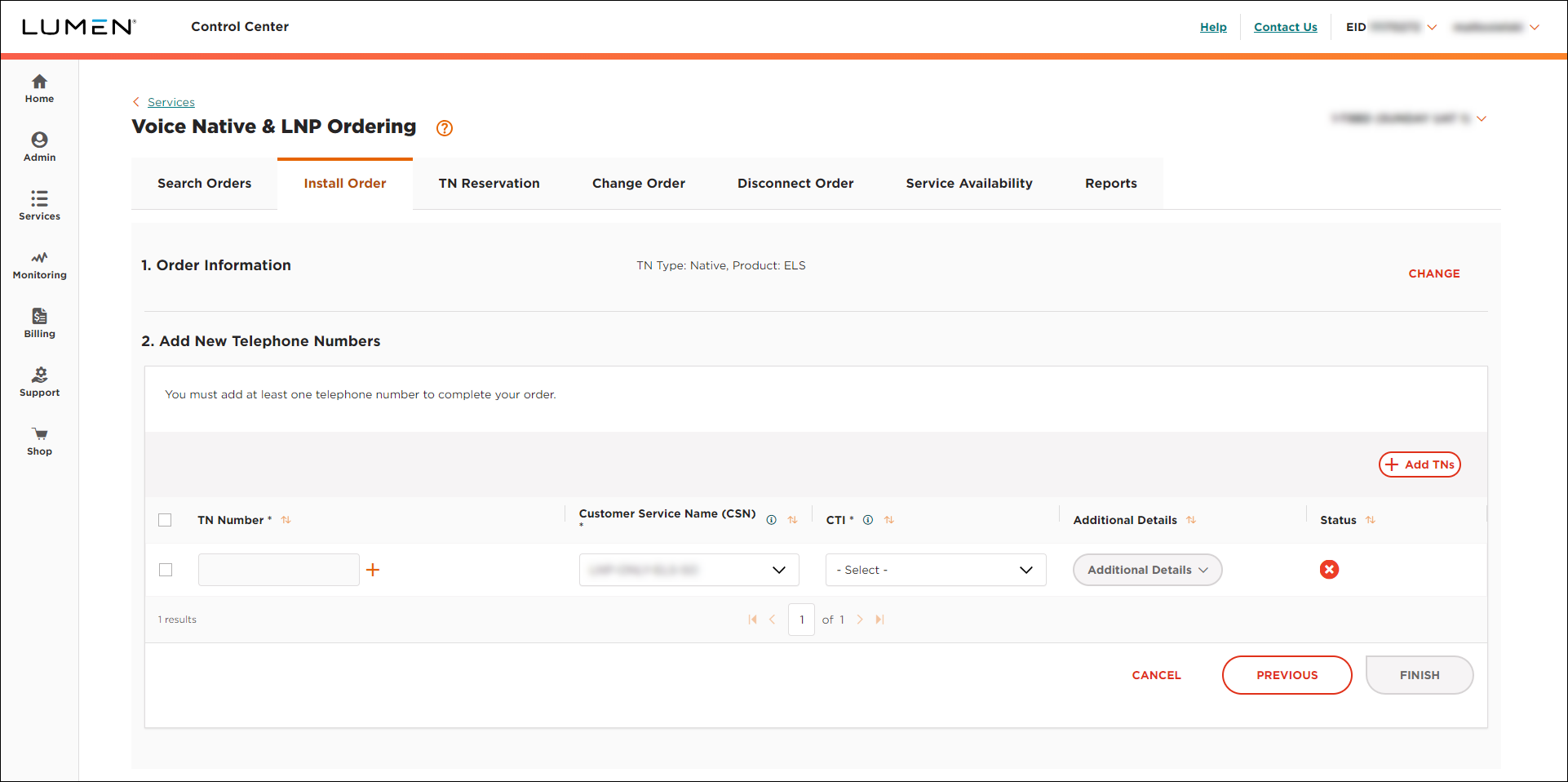 ELS & LI Management (showing Install Order tab and Add New Telephone Numbers section for Native ELS)