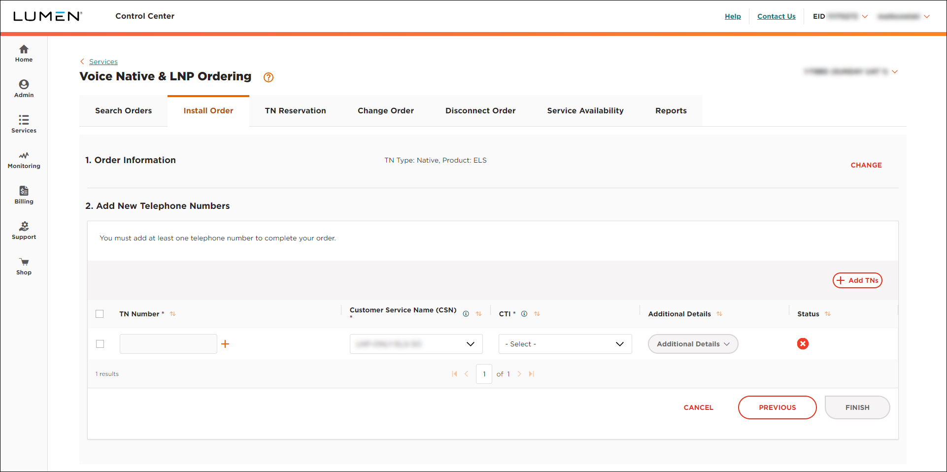 Voice Native & LNP Ordering (showing Install Order tab and Add New Telephone Numbers section for Native ELS)