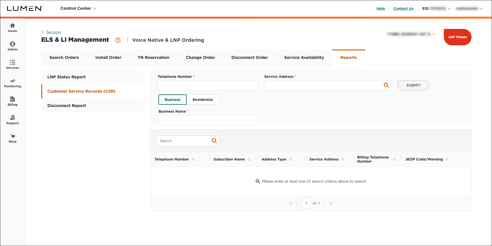 ELS & LI Management (showing Reports tab and Customer Service Records subtab)