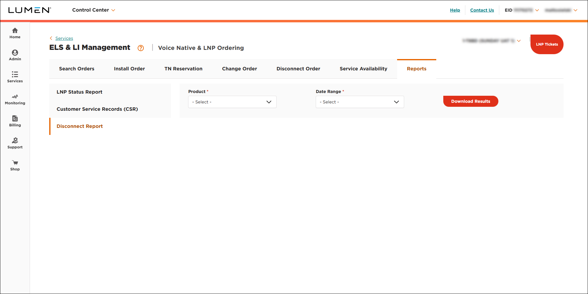 ELS & LI Management (showing Reports tab and Disconnect Report subtab)