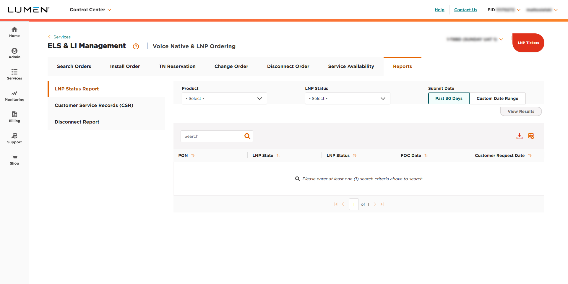 ELS& LI Management (showing Reports tab and LNP Status Report subtab)