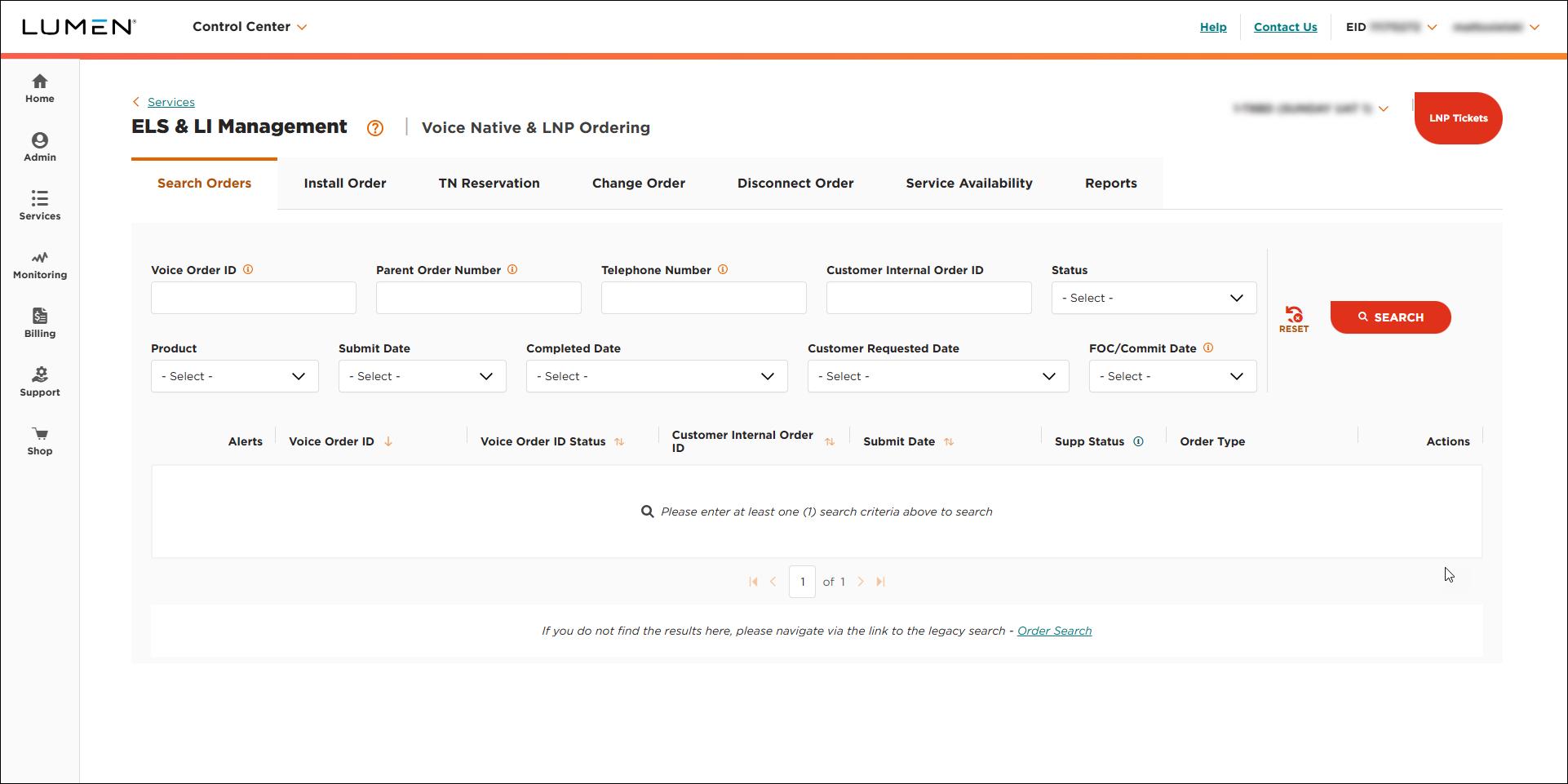 ELS & LI Management (showing Search Orders tab)