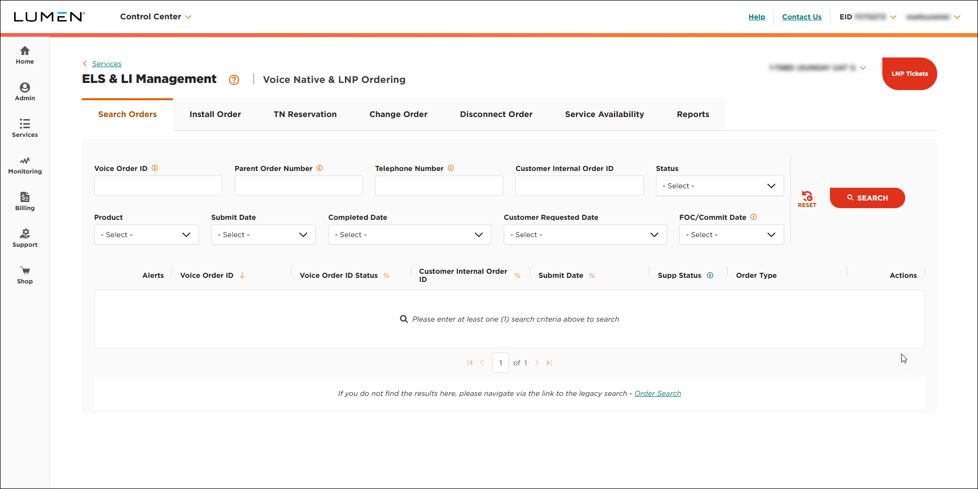 Voice Native & LNP Ordering (showing Search Orders tab)