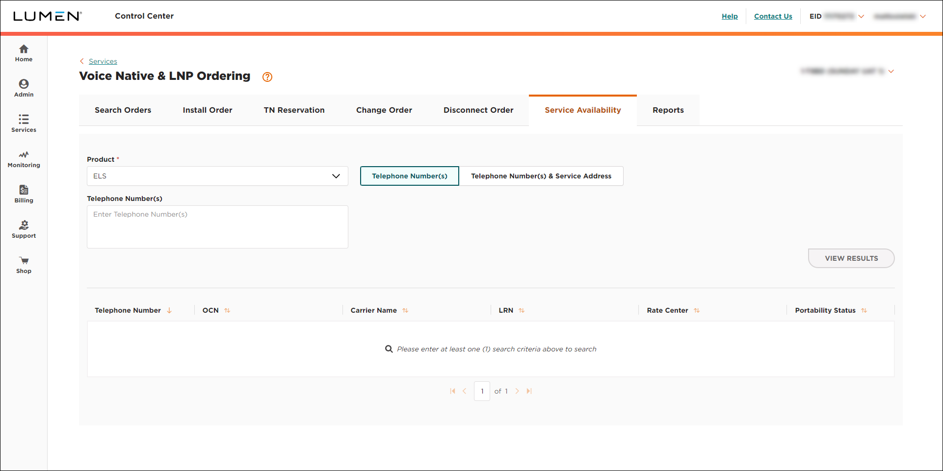 ELS & LI Management (showing Service Availability tab and ELS selected)