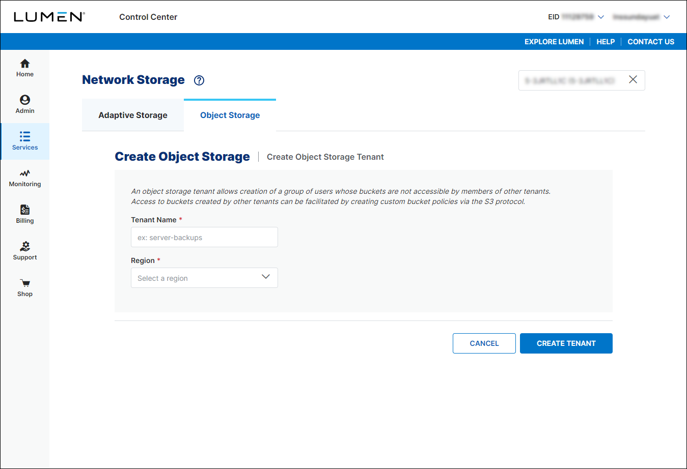 Object Storage (showing Create Tenant)
