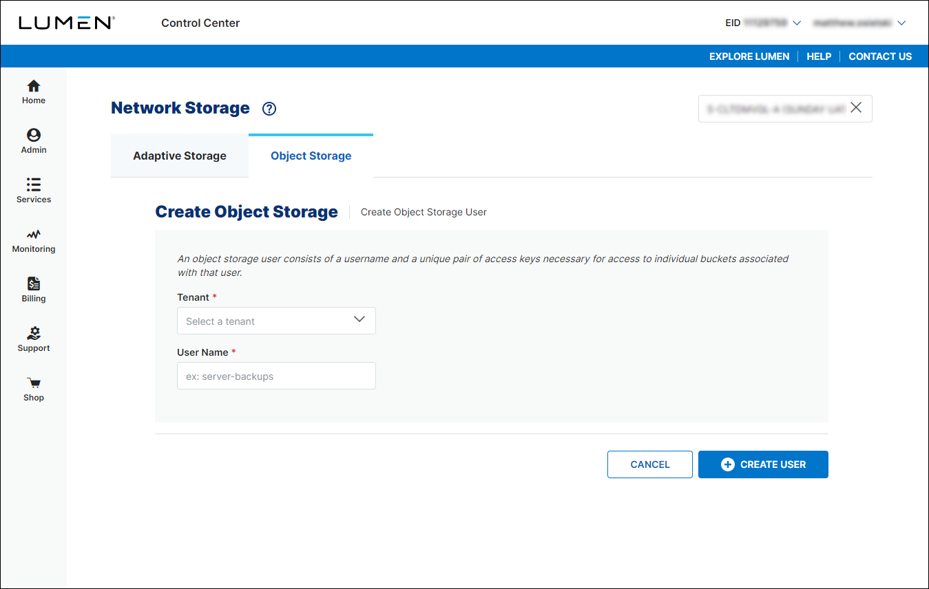 Object Storage (showing Create User)