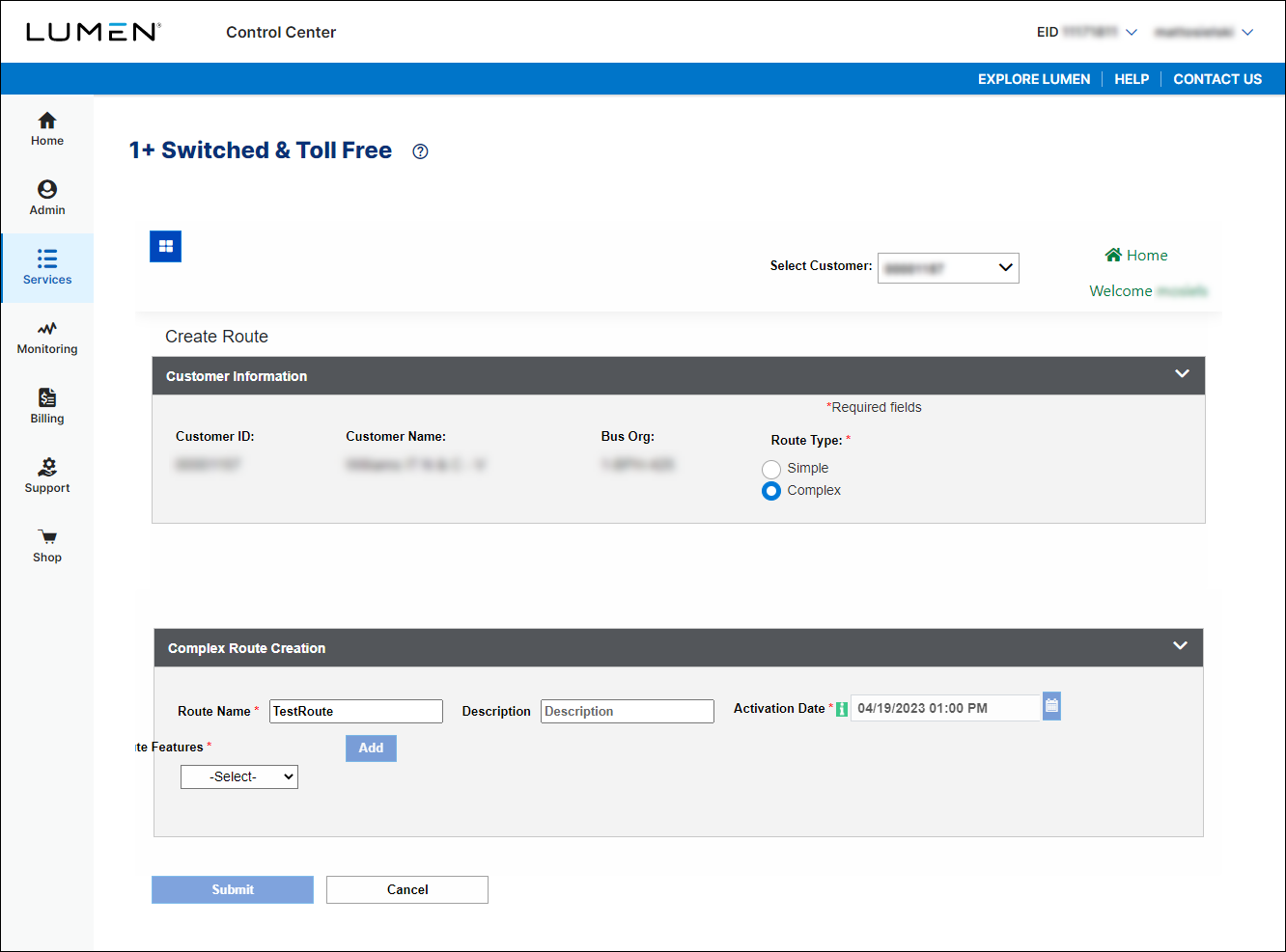 1+ Switched and Toll Free (Create Route with Complex selected)