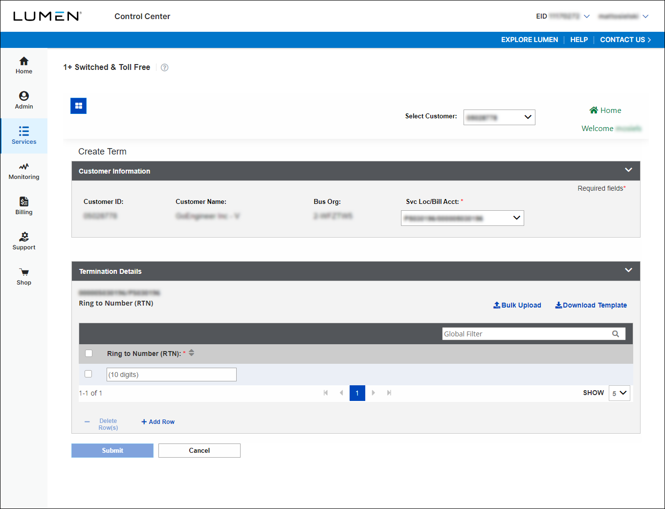 1+ Switched and Toll Free (Create Term with billing account number selected)