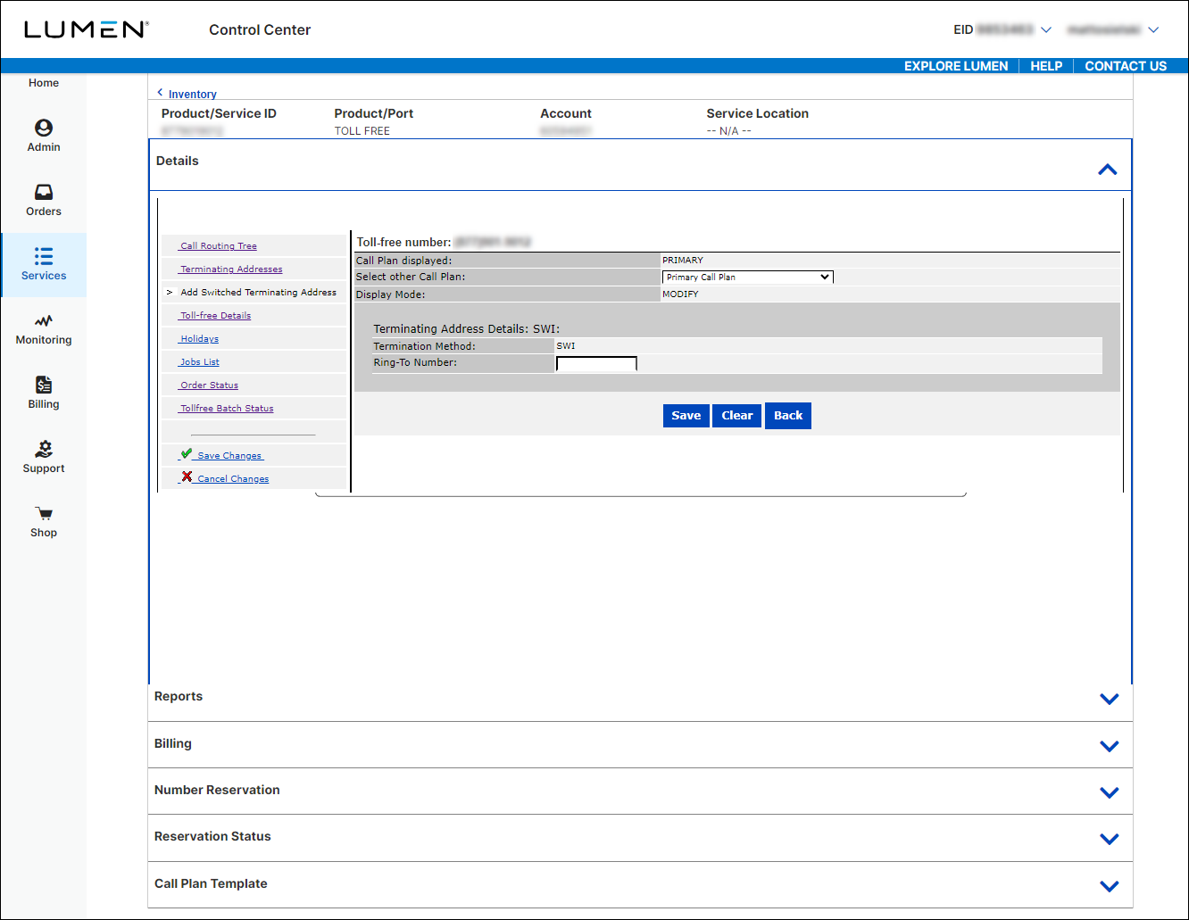 8XX Modify Call Plan tool > Modify mode > Add Switched Terminating Address