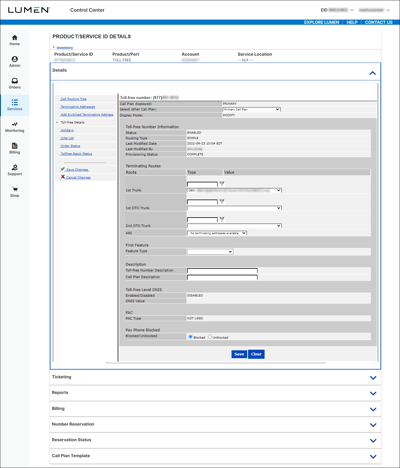 Product/Service ID Details (showing Toll Free Details tab)