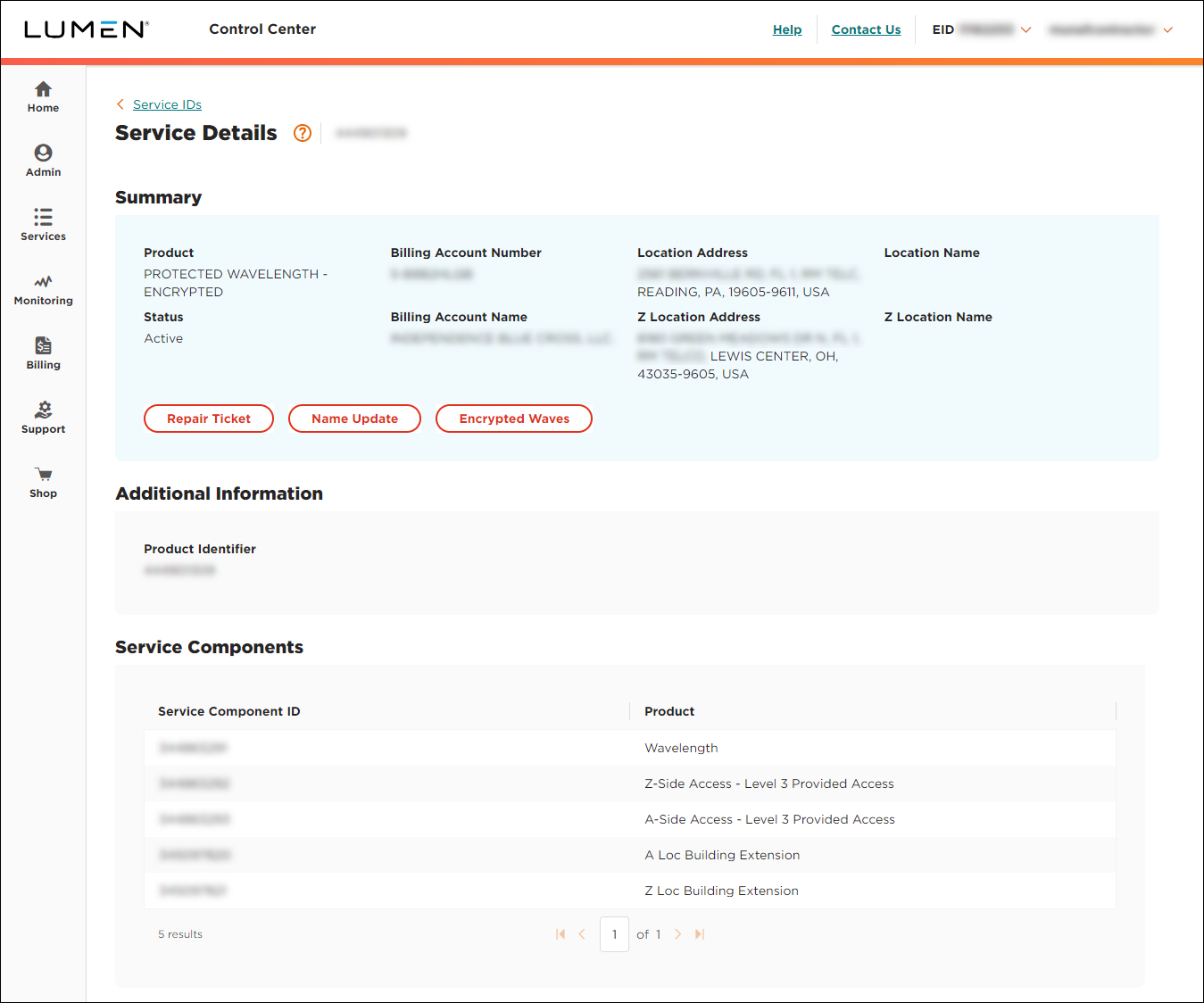 Service Details (showing Encrypted Wavelength service detail)