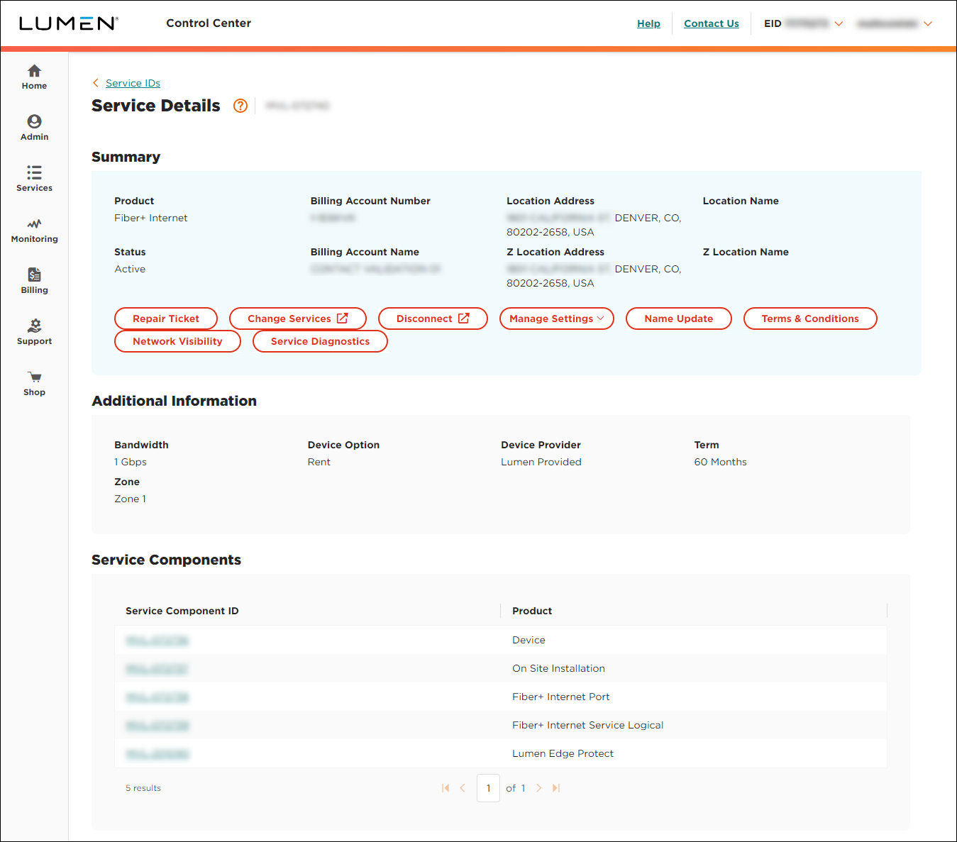 Service Details (showing Fiber+ Internet service detail)