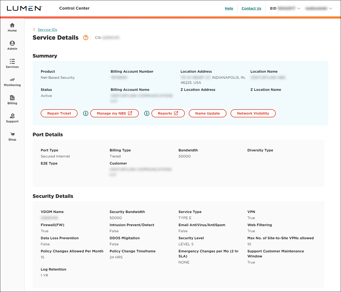 Service Details for Network-based Security service