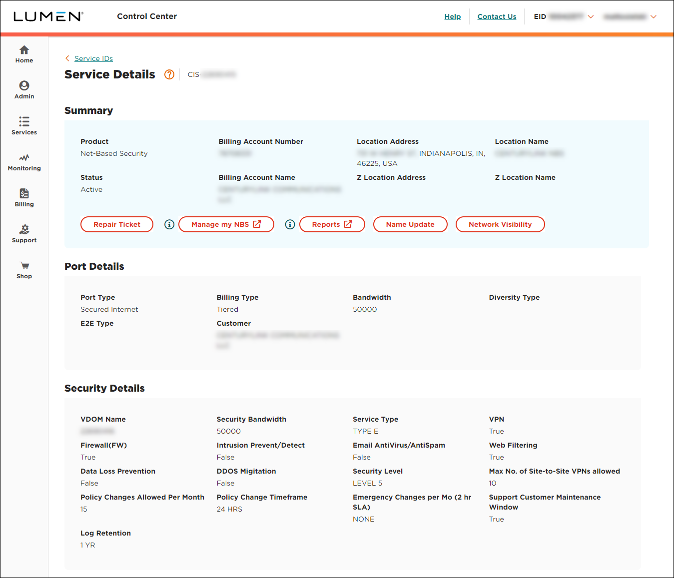 Service Details (showing Network-based Security service detail)