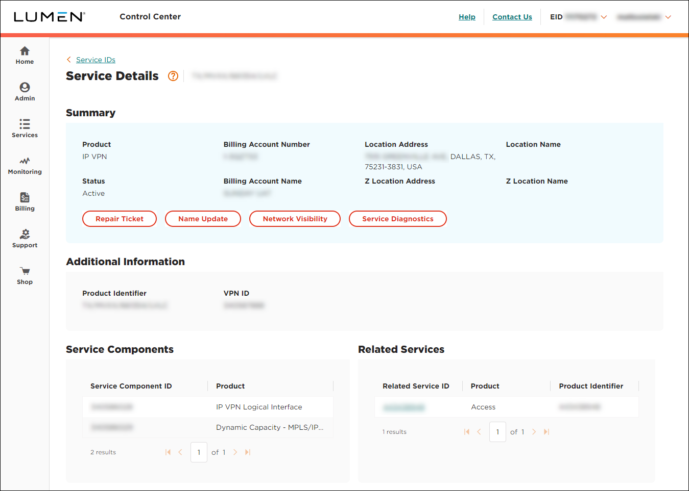 Service Details (showing Service Diagnostics button)