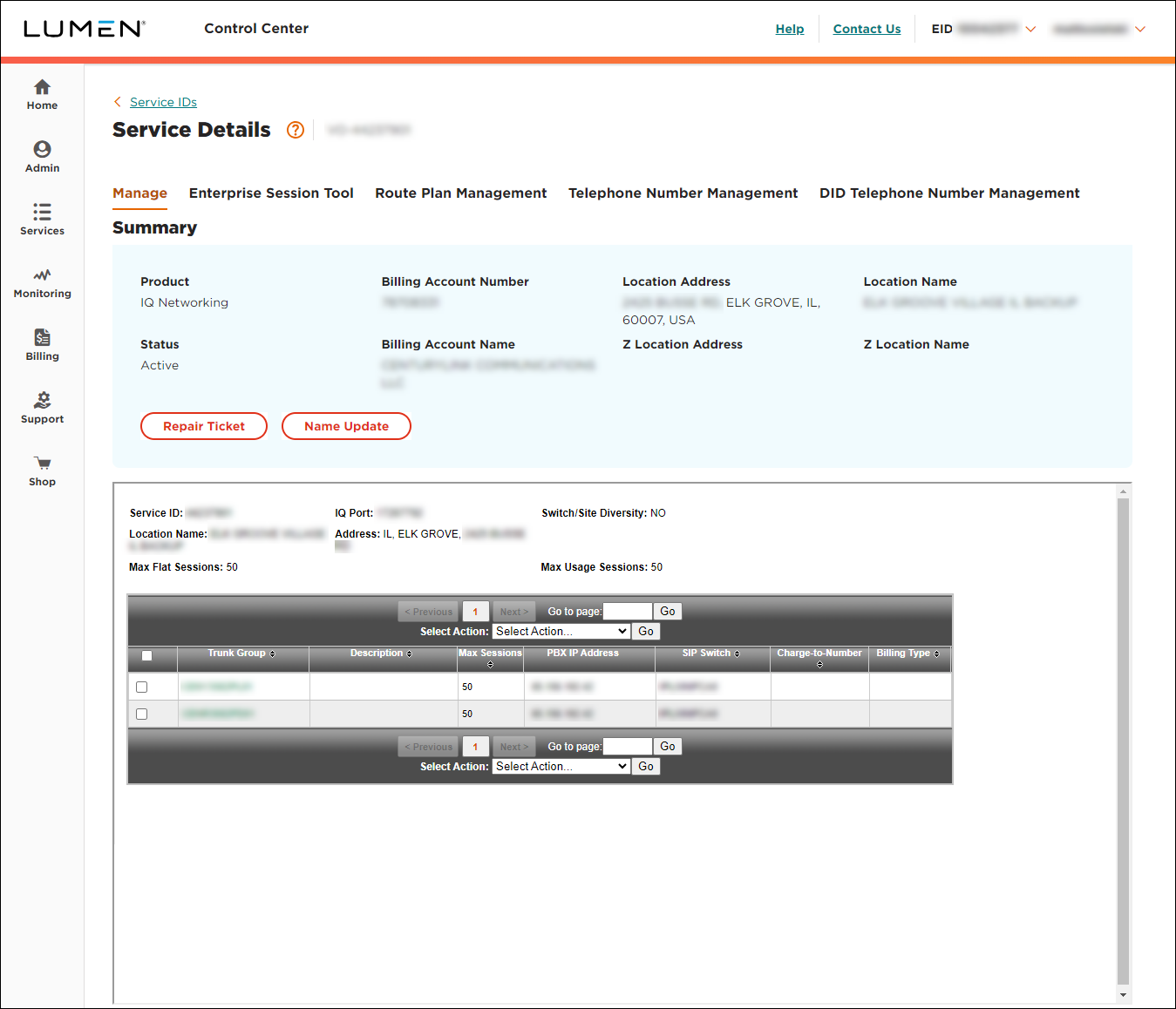 Service Details for SIP Trunking service (showing Manage tab)