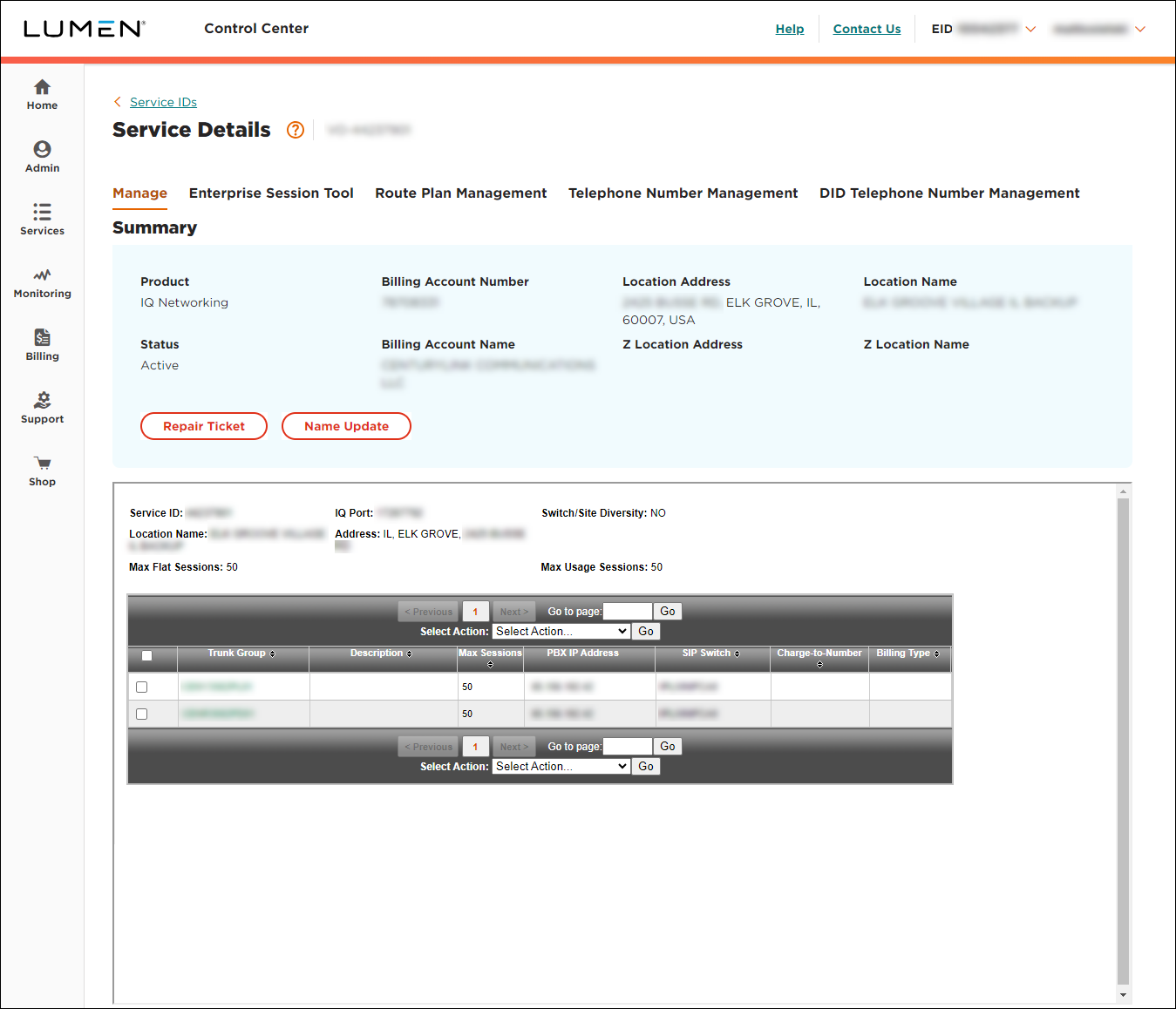 Service Details (showing SIP trunk service detail)