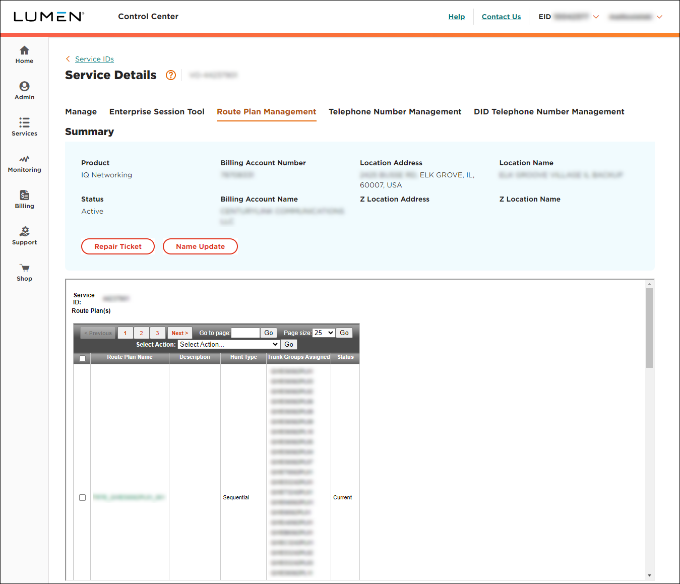 Service Details for SIP Trunking (showing Route Plan Management tab)