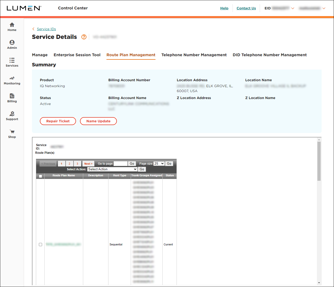 Service Details for SIP trunk service (showing Route Plan Management tab)