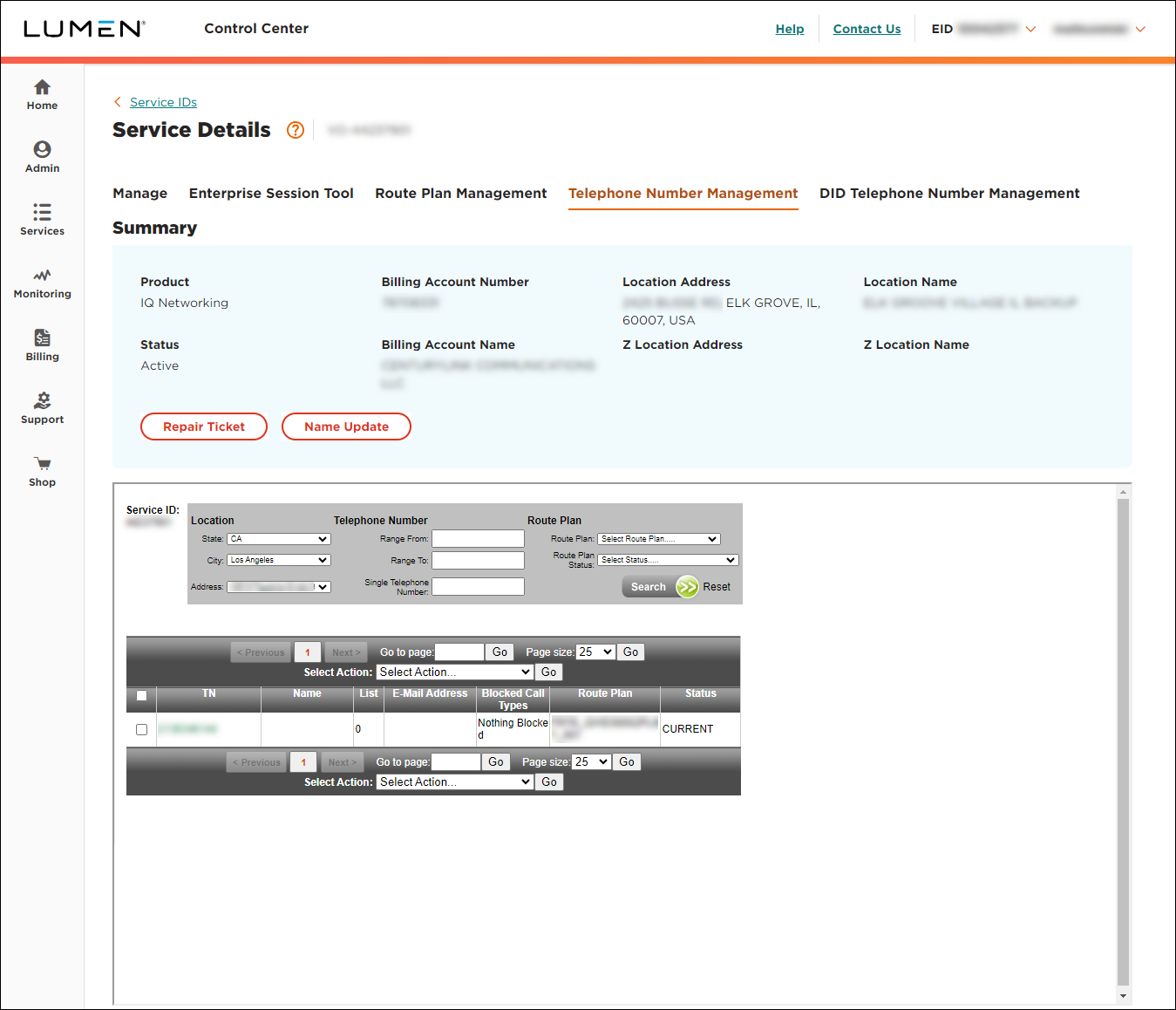 Service Details for SIP Trunking service (showing Telephone Number Management tab)