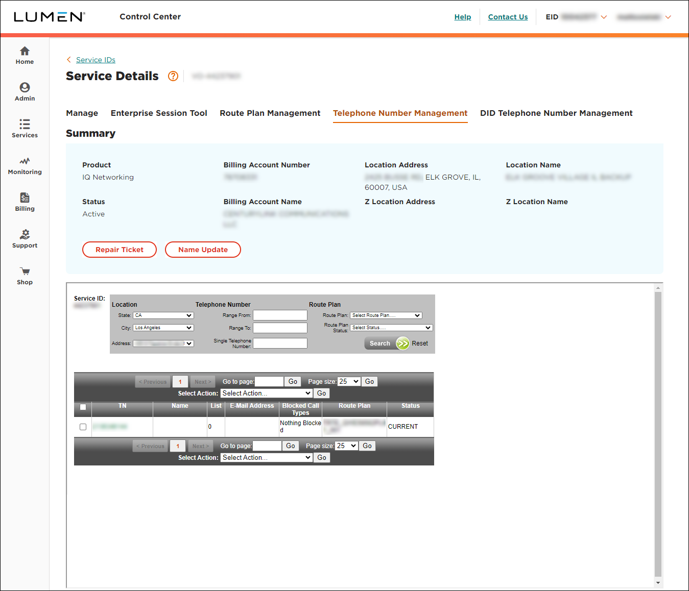 SIP Trunking service details (showing Telephone Number Management tab)