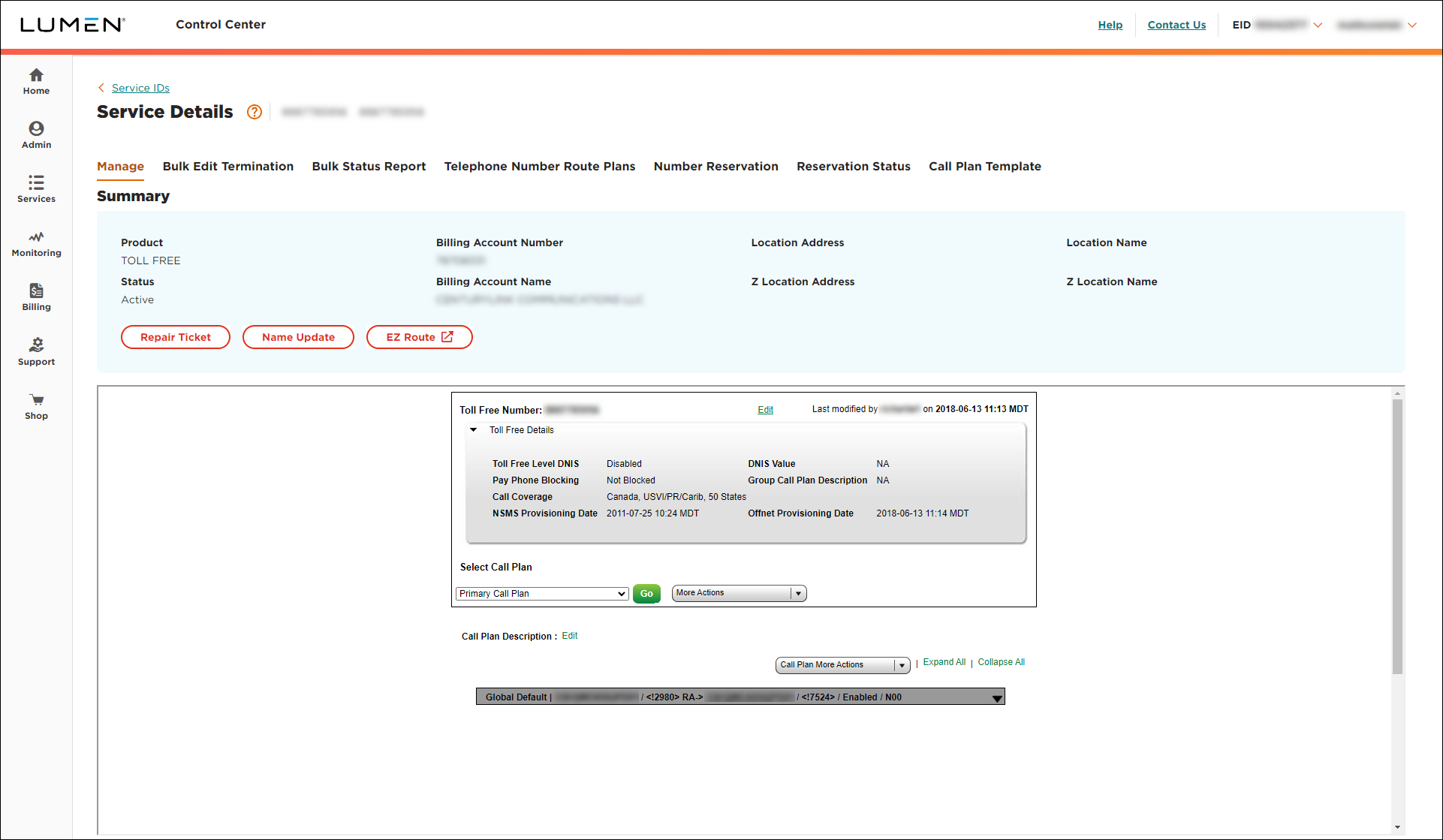 Service Details for toll free service (showing editable call plan)