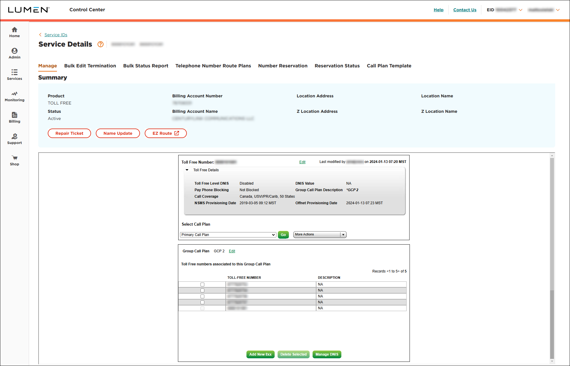 Service Details for toll free service (showing group call plan selected)