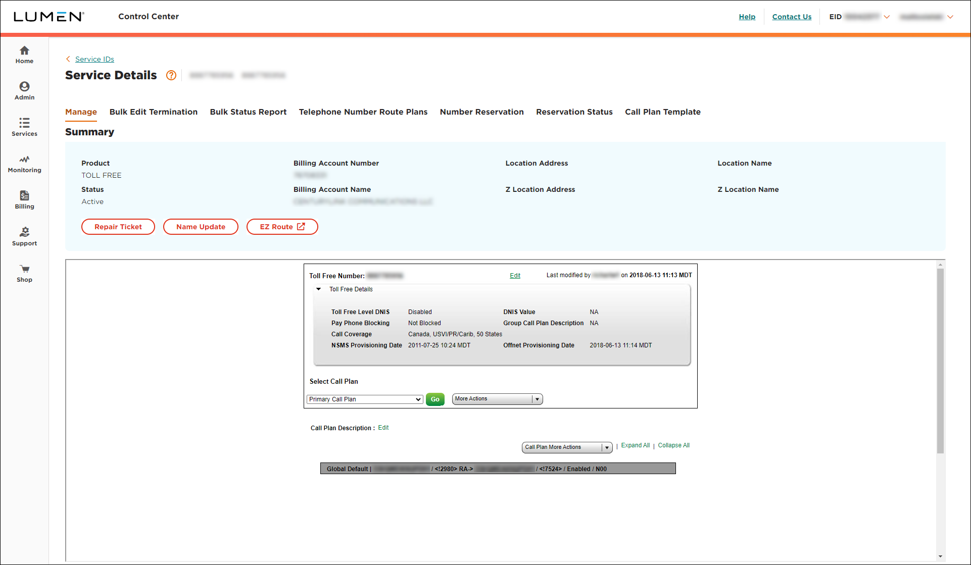 Service Details for Toll Free Service
