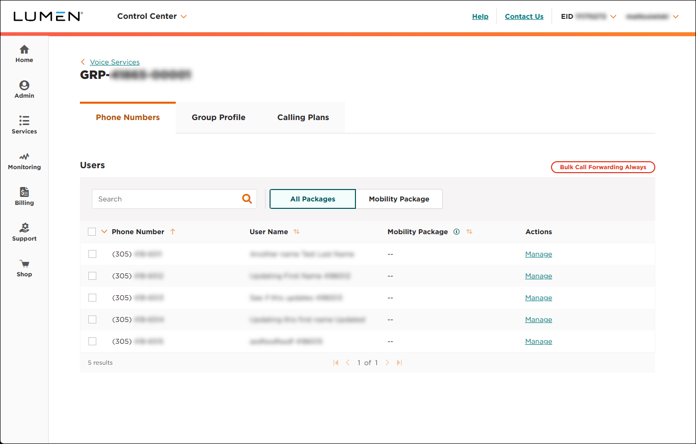 Voice Complete Reports (showing Phone Numbers tab)