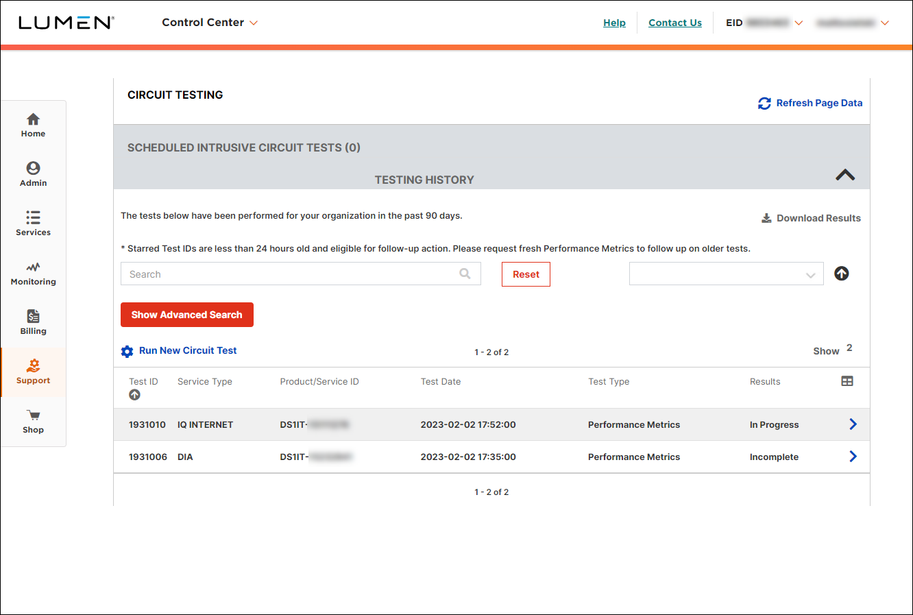 Viewing status and of circuit tests | Lumen